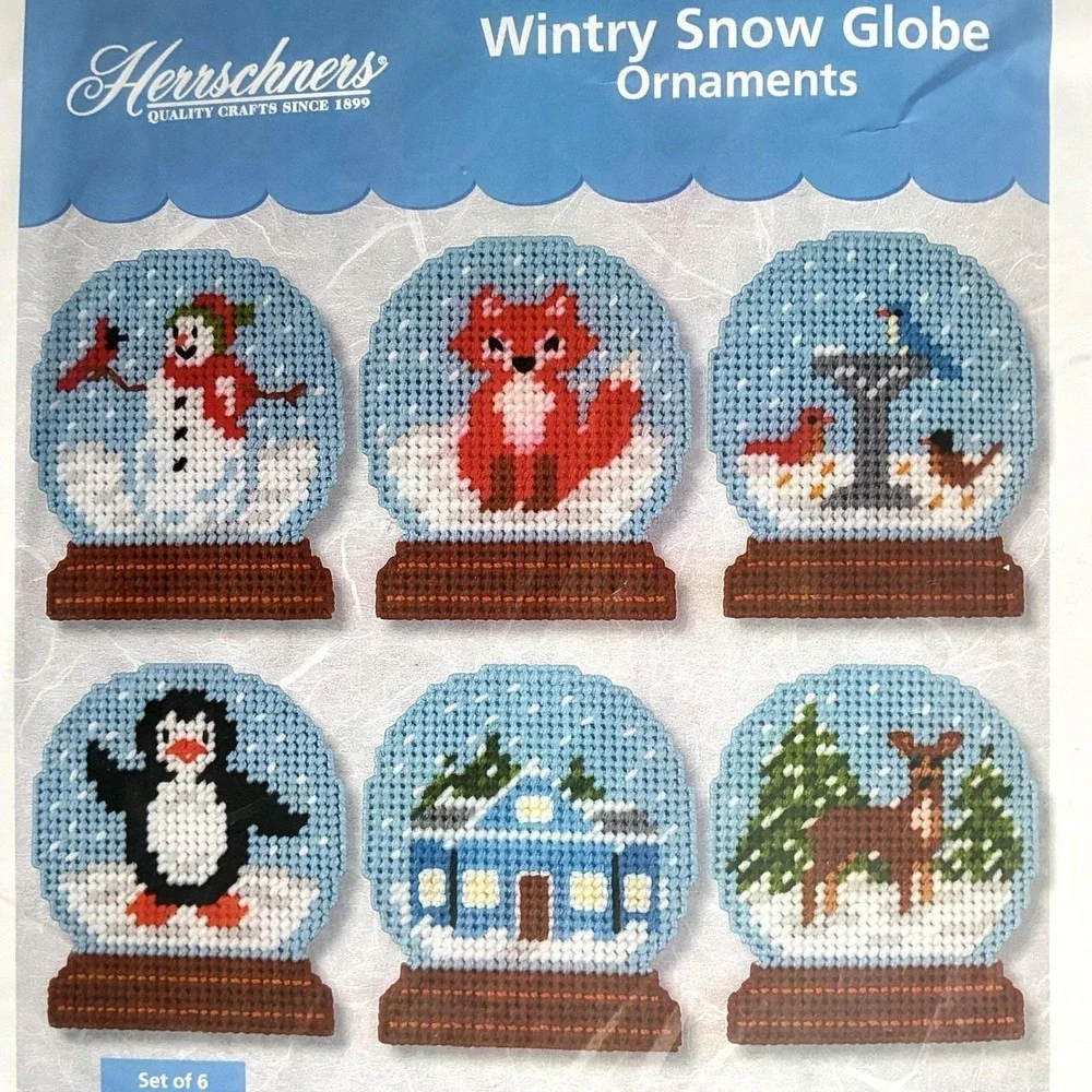 Herrschners Wintery Snow Globe Ornaments Plastic Canvas Kit Set of 6 Christmas